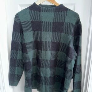 Ann Klein Green Black Treeline Plaid Mock Neck Sweater Womens L Holiday Cozy